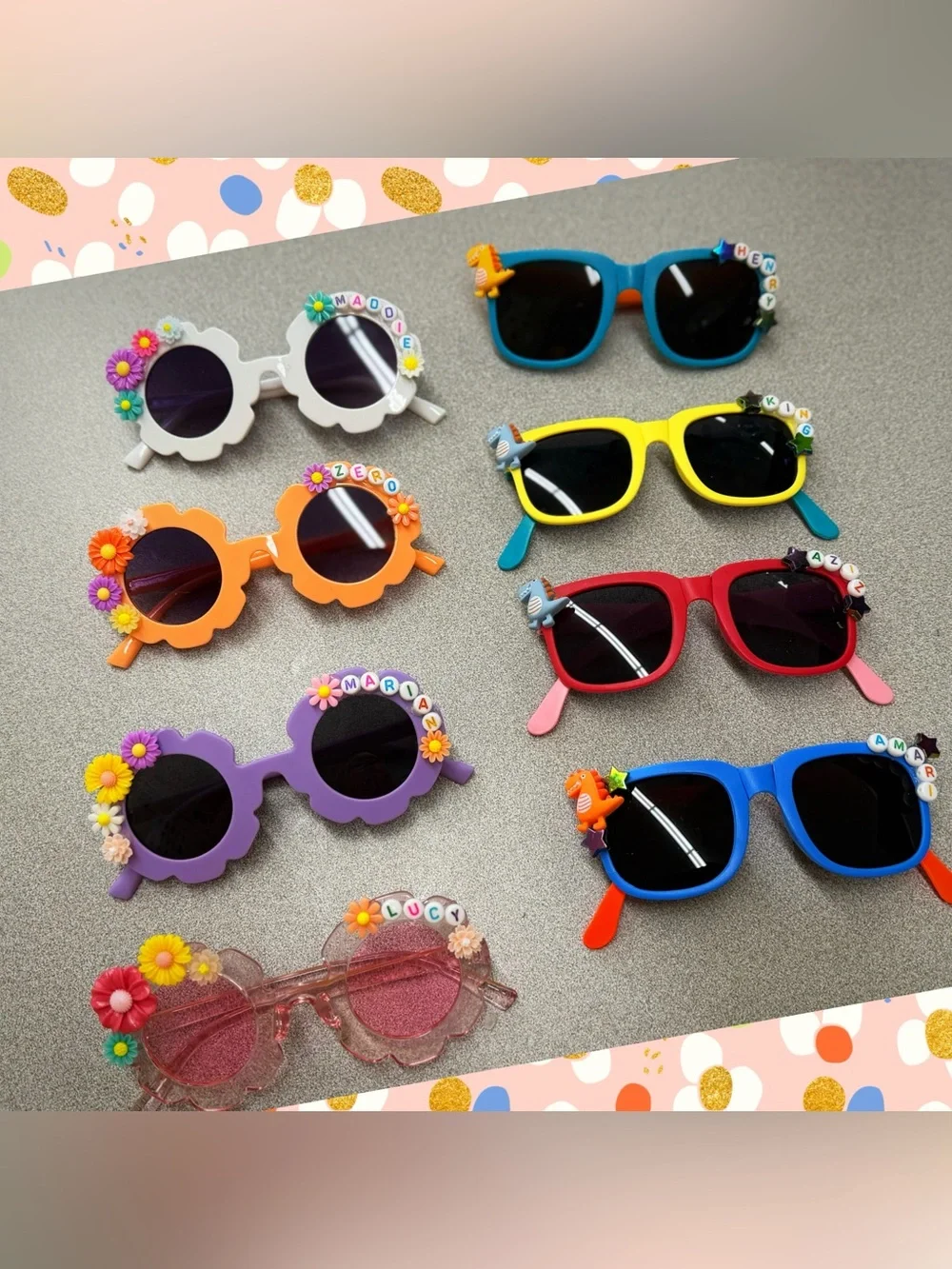 Pink Floral Scalloped Round Sunglasses - Personalized Beaded Detail